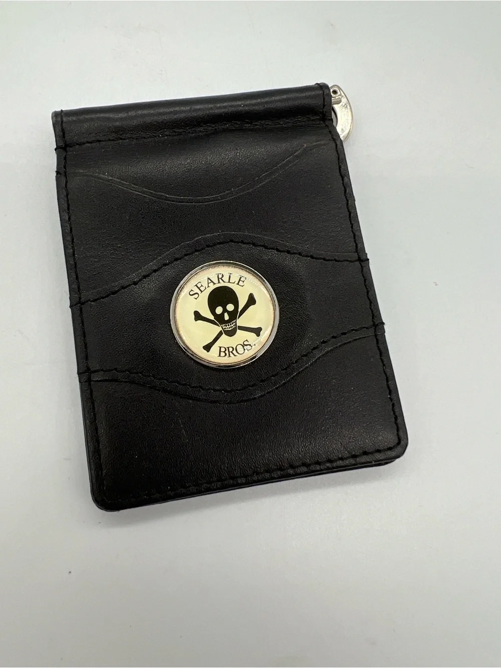 Searle Bros Black Leather Money Clip with Skull Emblem